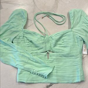 Self-Portrait Green Long Sleeve Ruched Crop Blouse